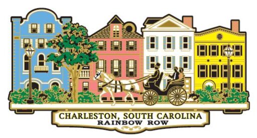 Ornament with a row of blue, pink, white and yellow houses and a black carriage pulled by a white horse in front. A white plaque at the bottom reads “CHARLESTON, SOUTH CAROLINA, RAINBOW ROW” in black.