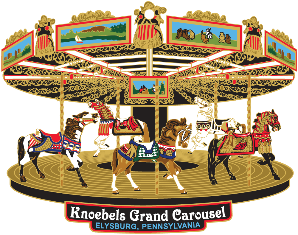 Multi-layered brass and colourful ornament of a carousel with horse seats. Black plaque at the bottom reads “Knoebels Grand Carousel, Elysburg, Pennsylvania” in white and blue.
