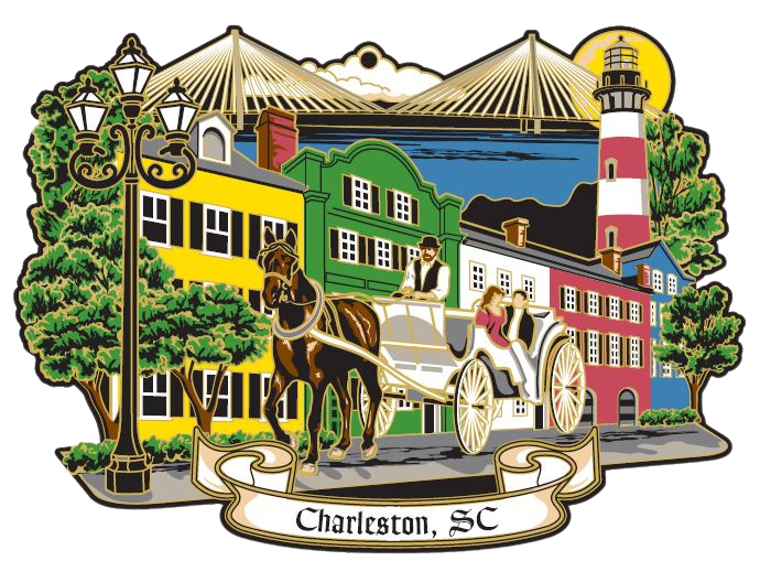 Ornament with yellow, green, white, red and blue buildings lining a street with a horse and carriage in front. A white banner at the bottom reads “Charleston, SC” in black.