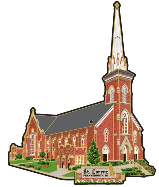 Ornament of a brown brick church with tall white steeple, stained glass windows and greenery surrounding it. A brick sign in front reads “St. Lorenz, FRANKENMUTH, MI.”
