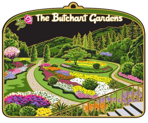 Multi-layered ornament of a pink, orange, yellow and white garden with green mountains in the background. A green arch is above with a pink rose and white text that reads “The Butchart Gardens.”