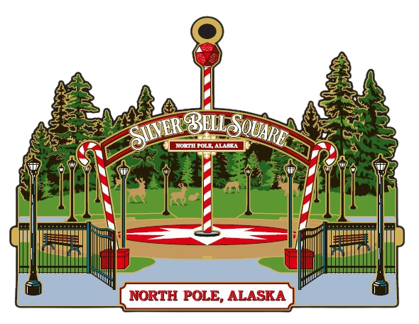 Colourful ornament featuring gates opening up to a square with a red and white striped pole in the centre, in front of a green forest. A candy cane propped-up arch reads “SILVER BELL SQUARE.” Plaque at bottom reads “NORTH POLE, ALASKA.”