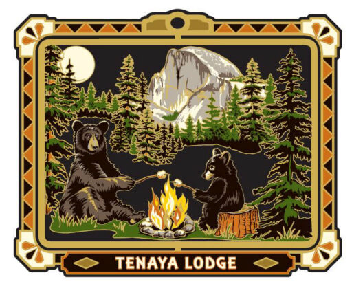 Colourful ornament with a mama and cub black bear roasting marshmallows in the forest. Has a decorative black and orange frame with a brown plaque at the bottom that reads “TENAYA LODGE” in white.