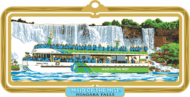 Rectangular ornament with a white and green ship holding many people floating on blue water in front of a waterfall. It has a thick brass frame with a blue plaque that reads “MAID OF THE MIST NIAGARA FALLS” in white and black.