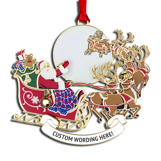 Ornament of Santa Claus riding a red sleigh with reindeer pulling him towards a white moon. White banner at bottom reads “CUSTOM WORDING HERE!” in black.