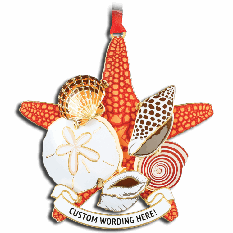 Orange starfish ornament with various white and brown seashells attached. White banner at bottom reads “CUSTOM WORDING HERE!” in black.