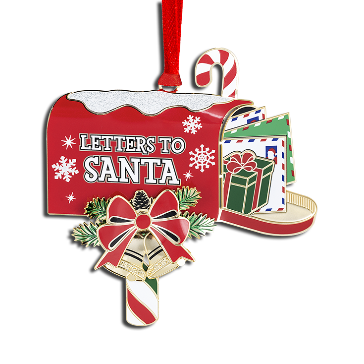 Red mailbox ornament with candy-cane post holding green and white envelopes and gifts. Side reads “LETTERS TO SANTA” with a bow and bells below.
