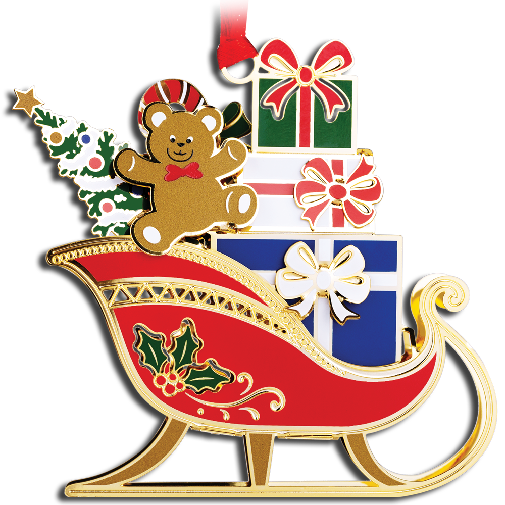 Red and brass sleigh ornament holding a green Christmas tree, brown teddy bear and colourful gifts.