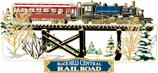Ornament featuring a blue steam engine pulling a red carriage across a black bridge with a snowy forest below. Blue plaque at bottom reads “BLACK HILLS CENTRAL RAILROAD” in white.