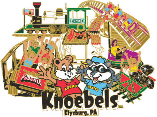 Colourful collage ornament showing a steam engine, happy people on roller coasters and other rides, and two animal mascots at the front. Black logo at the bottom reads “Knoebels, Elysburg, PA.”