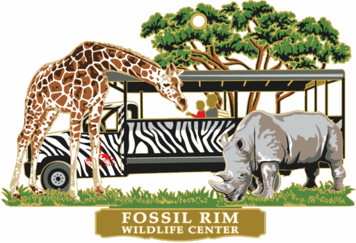 Colourful ornament with a giraffe on the left and a rhino on the right in front of a zebra-print safari vehicle, and a tree in the background. Brass plaque at the bottom reads “FOSSIL RIM WILDLIFE CENTER” in white.