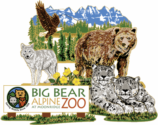 Ornament featuring an eagle, grey wolf, brown bear, and two white snow leopards. In the background is a blue mountain range and green forest. A sign at the front reads “BIG BEAR ALPINE ZOO AT MOONRIDGE” in colourful font.