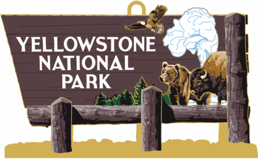 Brown wooden sign ornament featuring an eagle, white geyser, brown bear and bison. White text reads “YELLOWSTONE NATIONAL PARK.”
