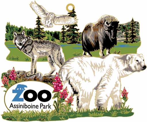 Ornament featuring a white owl, grey wolf, brown bison, and white polar bear. In the background is a green forest. A sign surrounded by pink flowers at the front reads “ZOO Assiniboine Park” in blue and black.