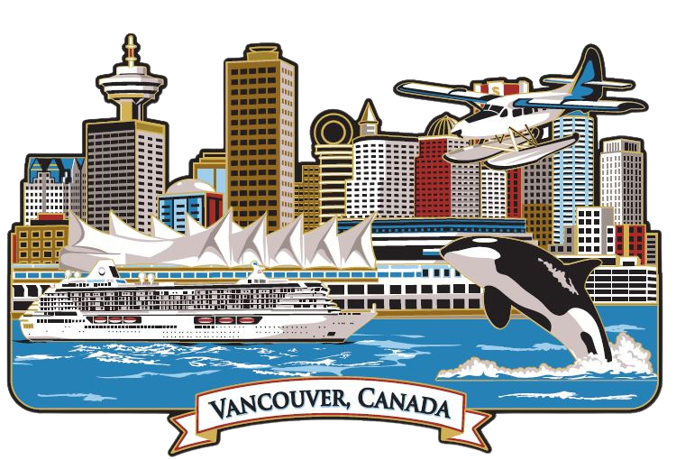 Colourful multi-layered ornament with Vancouver skyline in the back and ocean in the front. A float plane flies overhead of an orca and cruise ship. A white banner below reads “VANCOUVER, CANADA.”