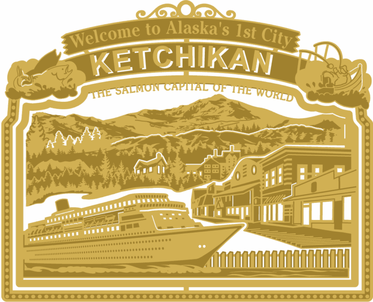 Filigree brass ornament of a cruise ship in front of a mountain scene and a street lined with shops on the right. Has a decorative frame with arched banner at top that reads “Welcome to Alaska’s 1st City, KETCHIKAN, THE SALMON CAPITAL OF THE WORLD.”