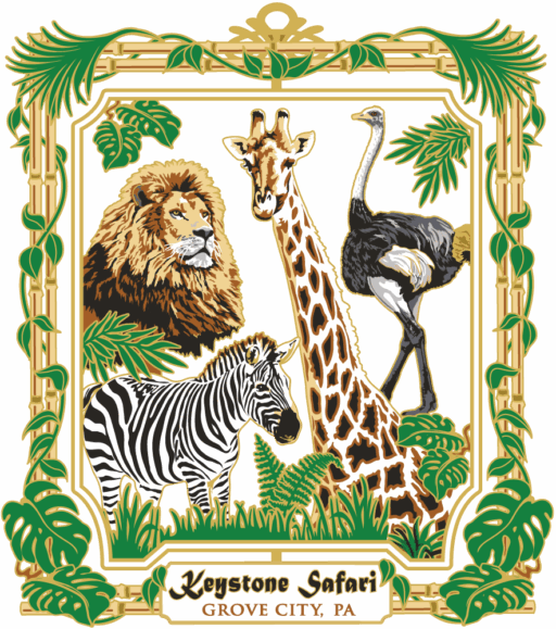 Colourful ornament featuring a lion, zebra, giraffe and ostrich inside a bamboo frame with green plants growing around it. White plaque at bottom reads “Keystone Safari, GROVE CITY, PA” in black and brass.