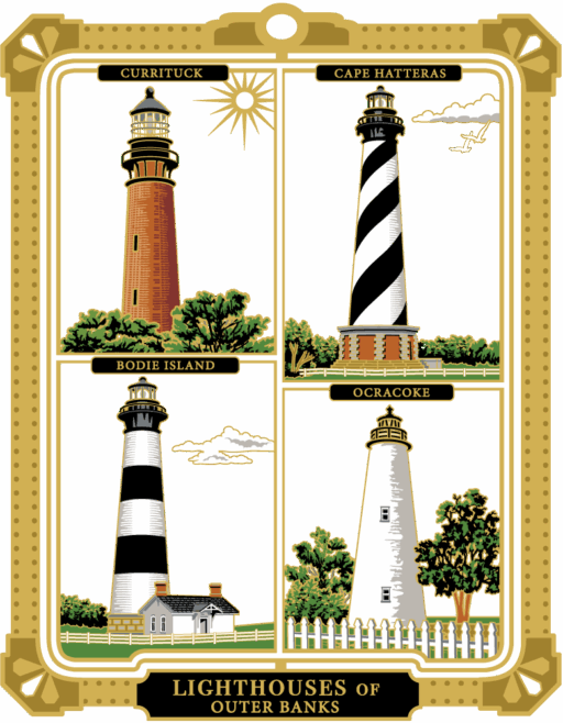 Collage ornament showing four different black, white and brown lighthouses in brass squares. Each has a name above, and a black plaque at the bottom of a brass frame reads “LIGHTHOUSES OF OUTER BANKS.”