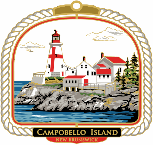 Ornament with white and red lighthouse on top of a grey rock surrounded by blue water. It has an arched white rope frame and a black and red plaque at the bottom that reads “CAMPOBELLO ISLAND, NEW BRUNSWICK” in brass lettering.