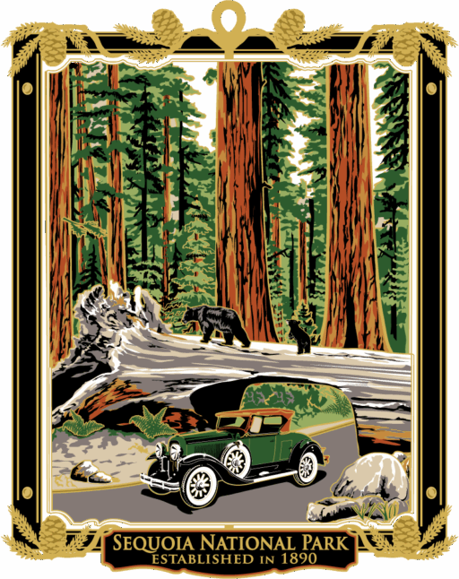 Colourful ornament with a Model T car driving under a carved out fallen tree. Two black bears walk on the trunk and in the background stand very tall trees. It has a black frame and a plaque at the bottom that reads “SEQUOIA NATIONAL PARK, ESTABLISHED IN 1890” in brass.