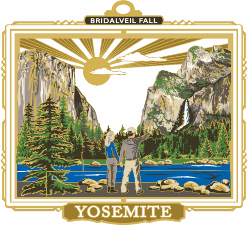 Double-layered ornament with a couple holding hands in front of a blue river, admiring a forest, waterfall, and large cliffs at sunset. Has a decorative brass frame. Plaque at top reads “BRIDALVEIL FALL” and at bottom reads “YOSEMITE.”