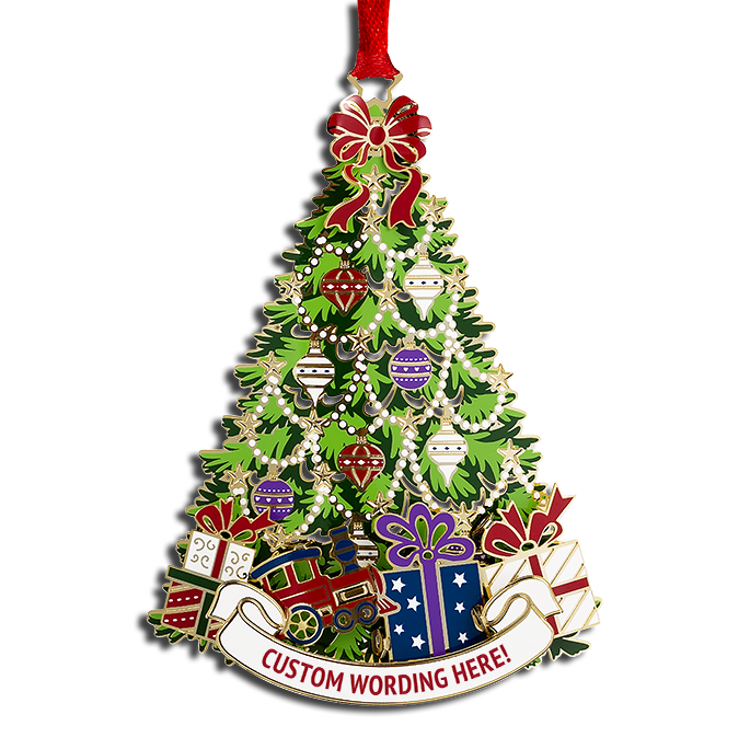 Green Christmas tree ornament decorated with red, white and purple ornaments. Colourful gifts sit below. White banner at bottom reads “CUSTOM WORDING HERE!’ in red.
