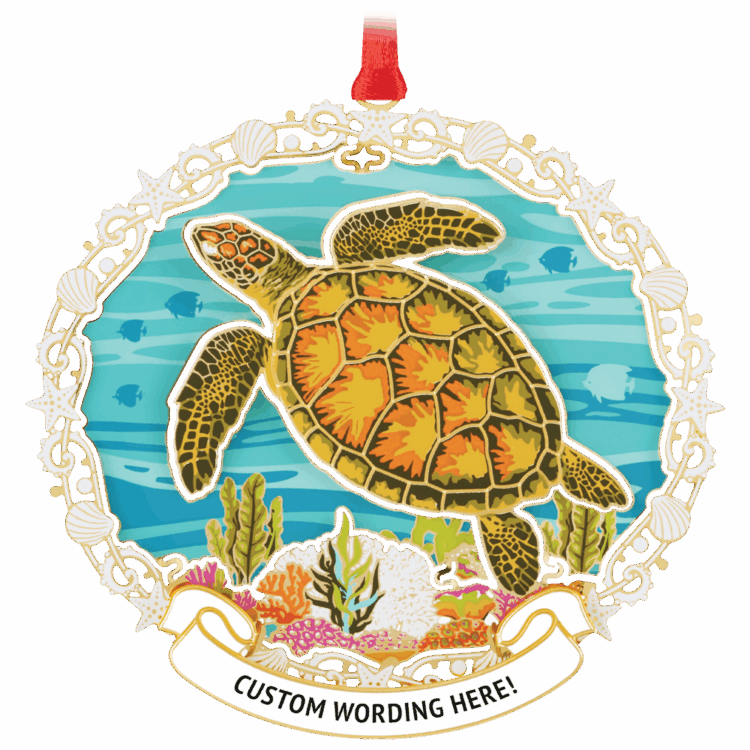 Ornament featuring a green and yellow sea turtle in blue water with colourful reef below. Has a seashell frame and a white banner at the bottom that reads “CUSTOM WORDING HERE!” in black.