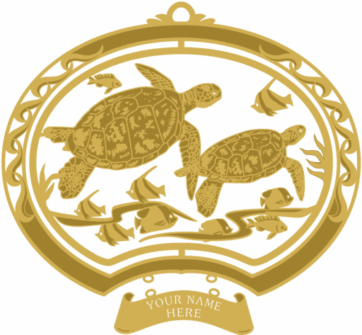 Filigree brass ornament with two sea turtles swimming beside tropical fish inside a thick oval frame. Hanging sign reads “YOUR NAME HERE.”