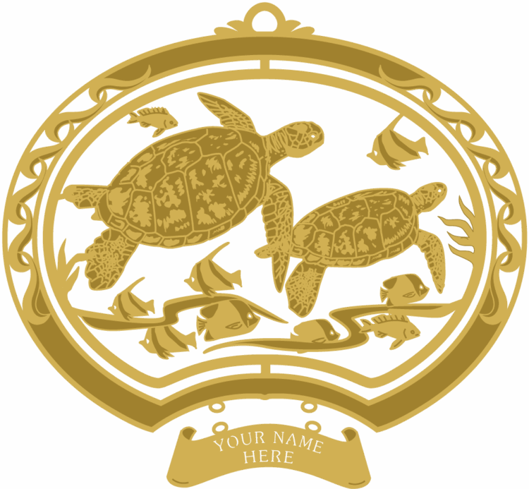 Filigree brass ornament with two sea turtles swimming beside tropical fish inside a thick oval frame. Hanging sign reads “YOUR NAME HERE.”
