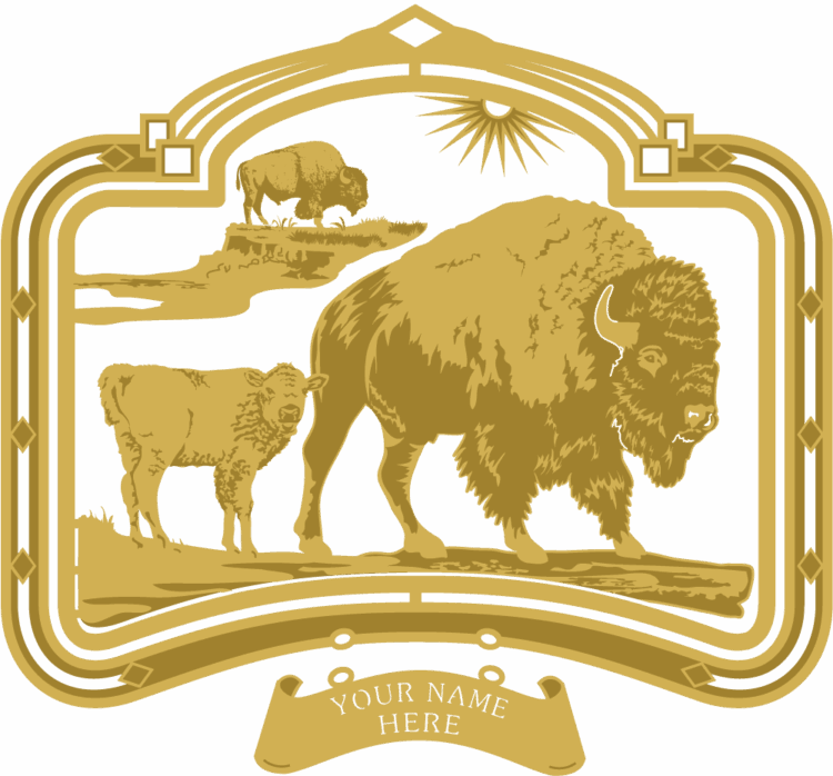 Filigree brass ornament of a mother bison and her calf standing in a sunny field. Has a decorative frame and a hanging sign that reads “YOUR NAME HERE.”