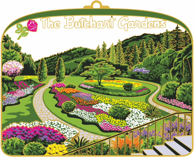 Multi-layered ornament of a pink, orange, yellow and white garden with green mountains in the background. A green arch is above with a pink rose and white text that reads “The Butchart Gardens.”