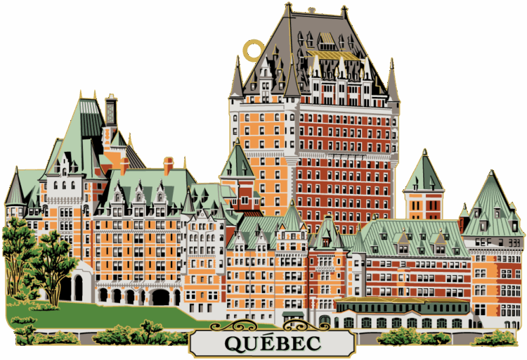 Multi-layered ornament of an orange and green castle-like building on green grass with trees in front (Château Frontenac). A white plaque at the bottom reads “QUÉBEC” in black.