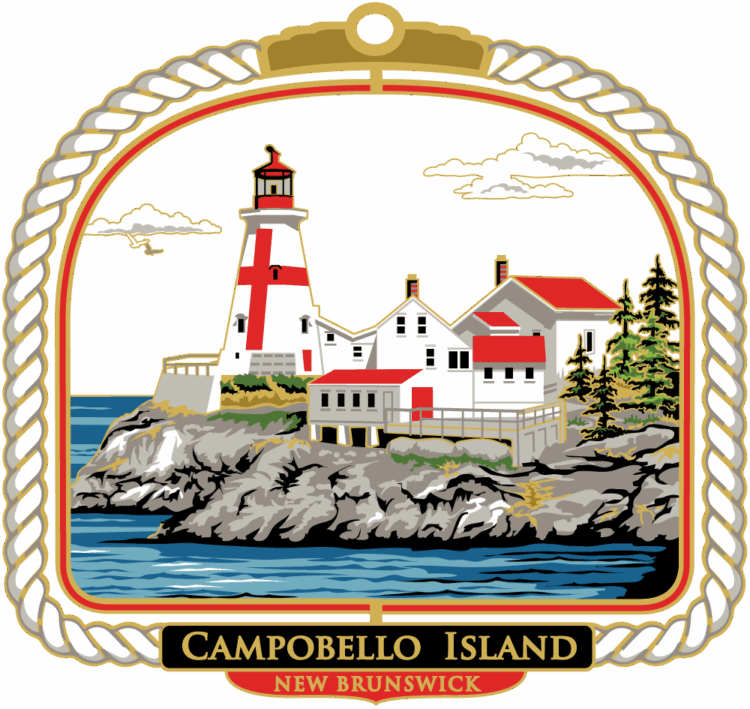 Ornament with white and red lighthouse on top of a grey rock surrounded by blue water. It has an arched white rope frame and a black and red plaque at the bottom that reads “CAMPOBELLO ISLAND, NEW BRUNSWICK” in brass lettering.